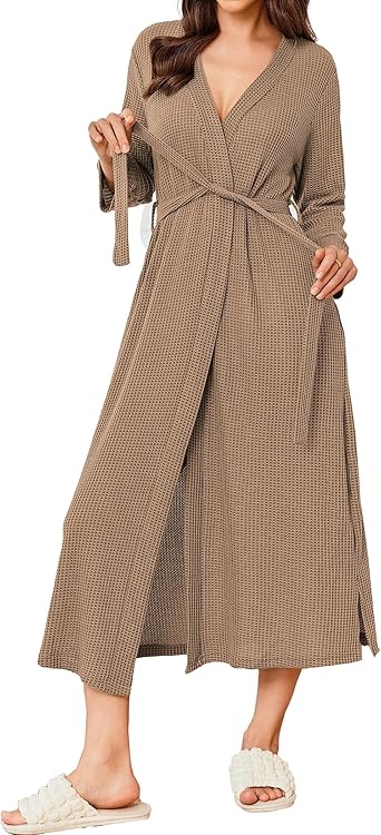 Ekouaer Women's Robe Long Waffle Knit Bathrobe Lightweight Soft Robes Loungewear