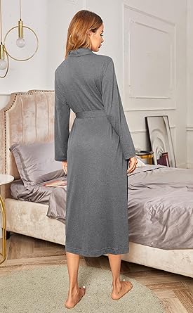 Ekouaer Robes for Women Long Sleeve Knit Bathrobe Soft Lightweight Loungewear Ladies Cotton Sleepwear Grey L