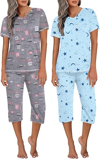 Ekouaer 2 Pack Women's Pajamas Short Sleeve Sleepwear Tops and Capri Pants Pjs