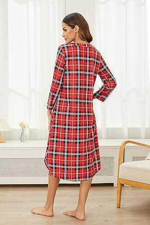 Ekouaer Womens Long Nightgowns Plaid Sleepwear Soft Loose Nightshirt 3/4 Sleeve Plus Size Housecoat with Button & Pockets