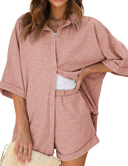 Ekouaer Waffle Knit Lounge Sets for Women Short Sleeve Pajamas Button Down Pjs Oversized Loungewear Shorts Set
