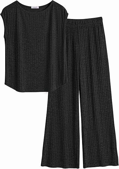 Ekouaer 2 Piece Lounge Sets for Women Matching Summer Outfits Casual Ribbed Knit Cap Sleeve Wide Leg Pants Sets