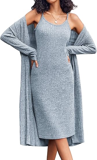 Ekouaer Womens Knit Robe Set 2 Piece Nightgown with Robes Long Sleeves Lounge Sets with Pockets