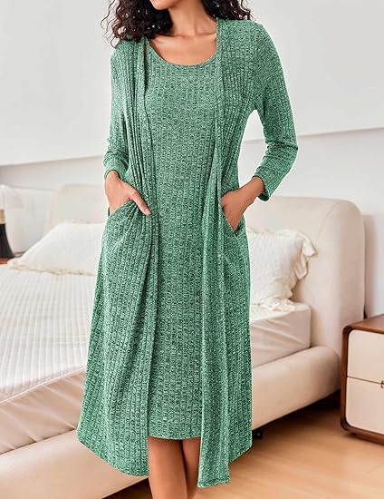 Ekouaer Womens Knit Robe Set 2 Piece Nightgown with Robes Long Sleeves Lounge Sets with Pockets