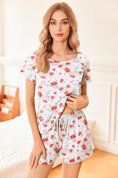 Ekouaer 2 Pack Womens Pajama Sets Short Sleeve Sleepwear Soft Crew Neck Pj Shorts Set Printed Loungewear Set