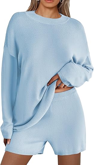 Ekouaer Pajamas Womens 2 Piece Lounge Set Cozy Knit Long Sleeve Sweater Shorts Set Oversized Matching Outfits