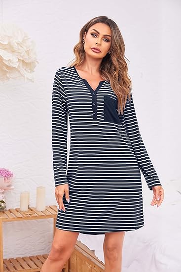 Ekouaer Women's Nightshirt Long Sleeve Button Down Nightgown V-Neck Sleepwear Casual Pajama Dress