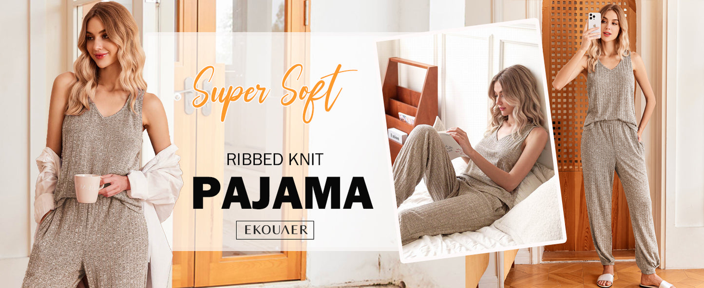 Ekouaer Women's Pajamas Sleeveless Summer Lounge Set Ribbed Knit Pj Loungewear Soft Tank Sleepwear Nightwear