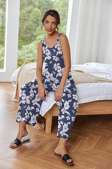 Ekouaer Sleeveless Jumpsuits for Women Casual Summer Scoop Neck Tank Rompers Wide Leg Pants Overall Jumpers with Pockets