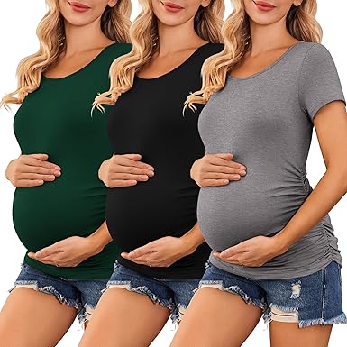 Ekouaer Womens Maternity Shirts 3 Packs Side Ruched Pregnancy Tee Top Casual Mama Clothes