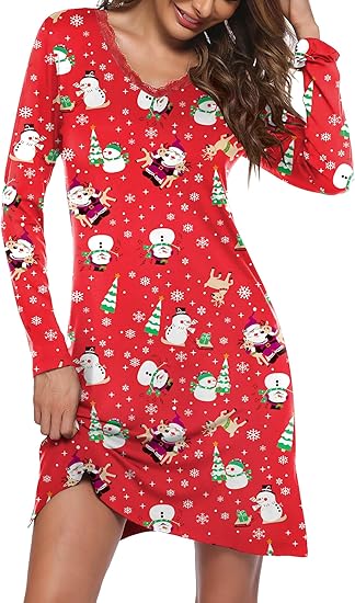 Ekouaer Long Sleeve Nightgowns for Women Sexy Lace Night Shirt V Neck Sleep Shirt Soft Sleepwear