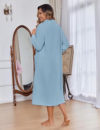 Ekouaer Women Zipper Robe Fleece Long Sleeves Bathrobe Sleepwear Warm Soft Housecoat with Pockets Zip Up House Dresses