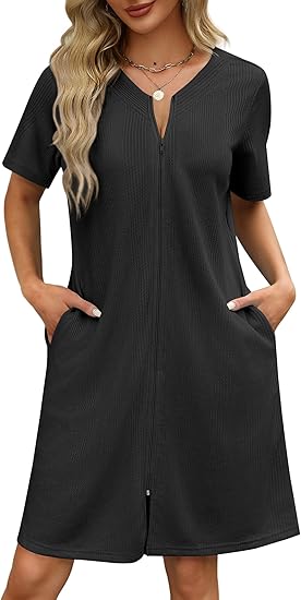 Ekouaer Women Zipper Robes Waffle Short Bathrobe Lightweight House Coat with Pockets Soft Nightgown