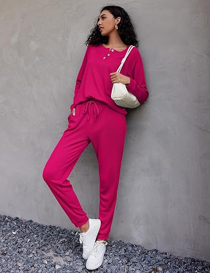 Ekouaer Pajamas Women's Waffle Knit Sleepwear Long Sleeve Top with Pants Casual Pjs Loungewear