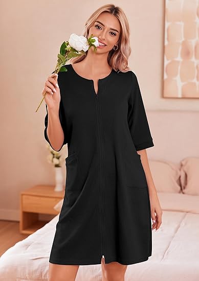 Ekouaer Zip Up Robes for Women Short Waffle Bathrobe Lightweight Knee Length Housecoat with Pockets Nightgown