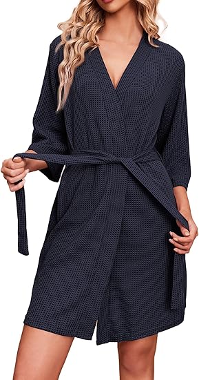 Ekouaer Robes for Women Waffle Knit Bathrobe Soft Lightweight Knee Length Loungewear