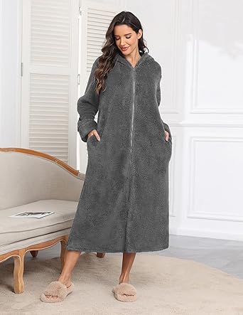 Ekouaer Fleece Robes for Women Hooded Plush Zipper Front Long Bathrobe Warm House Robe Sleepwear with Pockets