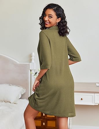 Ekouaer Zipper Robes for Women Waffle Knit Bathrobes Short Lightweight Knee Length Loungewear with Pockets