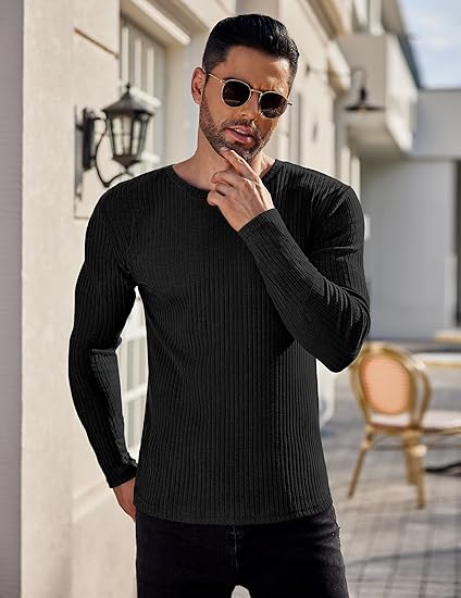 Ekouaer Men's Long Sleeve Shirts Ribbed Pullover Tees Sim Fit Thermal Tops Crew Neck Stretchy Undershirts
