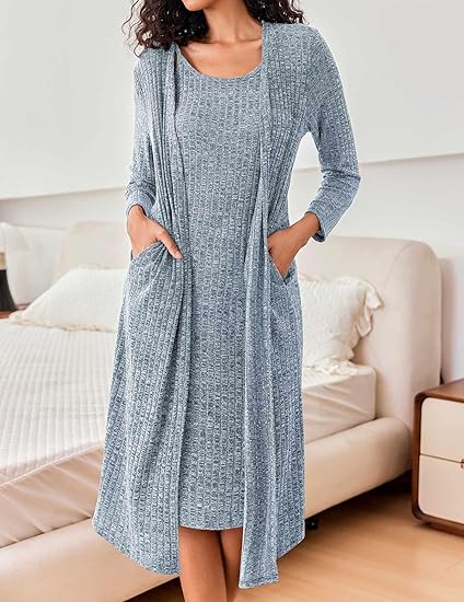 Ekouaer Womens Knit Robe Set 2 Piece Nightgown with Robes Long Sleeves Lounge Sets with Pockets