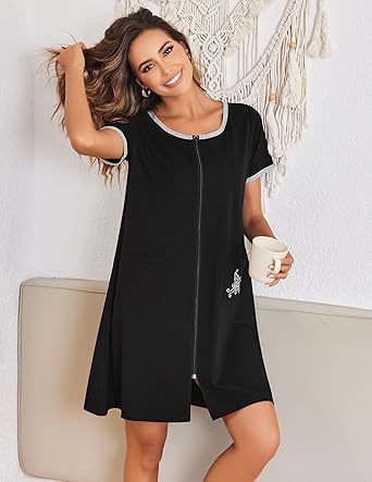 Ekouaer Zip Up Robes for Women Short Sleeves Zipper House Coat Short Bathrobes Lightweight Nightgown with Pockets Black S