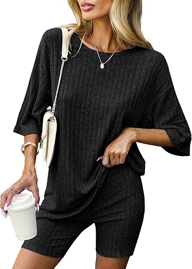 Ekouaer Pajamas 2 Piece Lounge Sets Ribbed Knit Matching Outfits T-shirt Biker Shorts Sleepwear Loungewear Sweatsuits