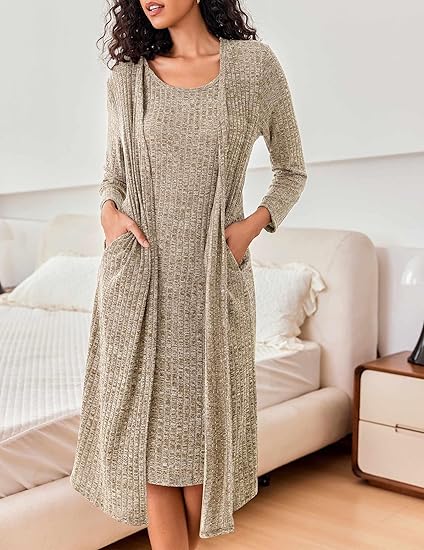 Ekouaer Womens Knit Robe Set 2 Piece Nightgown with Robes Long Sleeves Lounge Sets with Pockets
