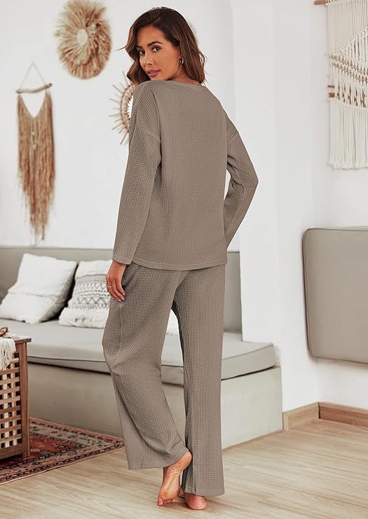 Ekouaer Women's Waffle Knit Pajama Sets Comfy Long Sleeve Lounge Sets 2 Piece Matching Pj Sets with Pockets