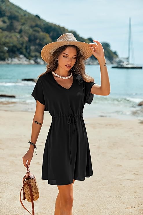 Ekouaer Women's Cover Ups Casual Swimsuit Coverups Flowy Tie Waist Beach Cover Up Dress