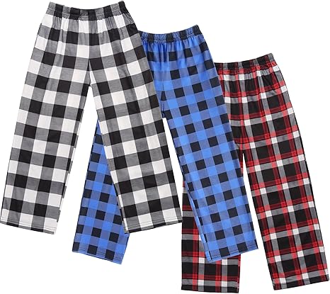 Ekouaer Boys Pajama 3 Pack Sleep Pants - Soft Elastic Waist Kids Plaid Lounge Bottoms With 2 Pockets