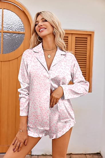 Ekouaer Womens Satin Pajama Sets Long Sleeve Top and Shorts Lounge Set Button Down Sleepwear