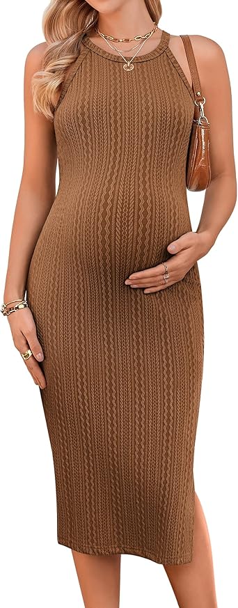 Ekouaer Maternity Dress Rib Knit Side Slit Stretchy Bodycon Pregnancy Dresses Halter Neck Sleeveless Pregnant Clothes