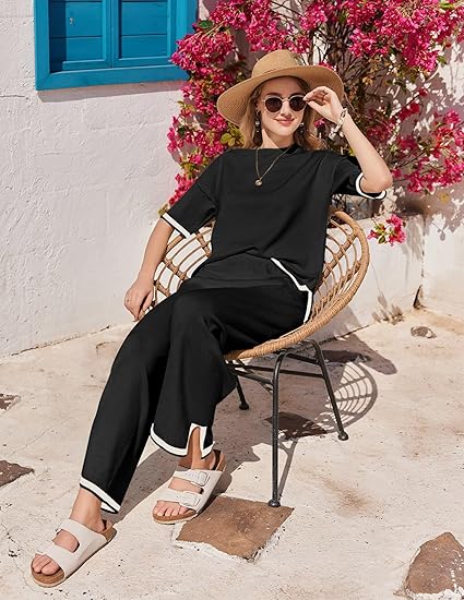 Ekouaer Lounge Set for Women Travel Outfits 2 Piece Sets Short Sleeve Sweater Top Wide Leg Long Pants Loungewear