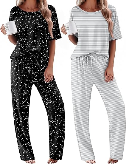 Ekouaer 2 Pack Womens Pajama Sets Short Sleeve Tops and Long Pants Casual Comfy Pjs Lounge Set with Pockets