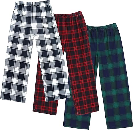 Ekouaer Boys Pajama 3 Pack Sleep Pants - Soft Elastic Waist Kids Plaid Lounge Bottoms With 2 Pockets