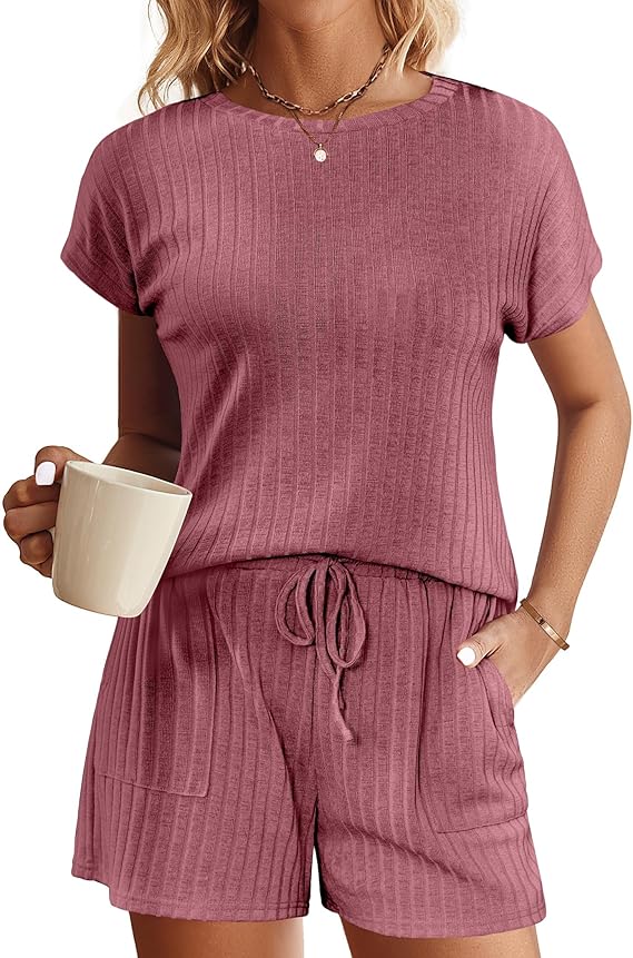 Ekouaer Pajamas Set for Women 2 Piece Pjs Ribbed Knit Lounge Set Cap Sleeve Loungewear Sleepwear