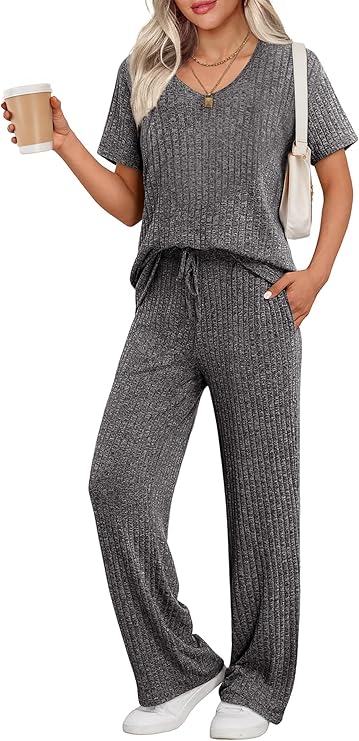 Ekouaer Pyjama Damen Herbst Schlafanzug Kurzarm Lang Hose Rippen Nachtw?sche