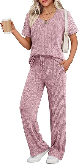 Ekouaer Pyjama Damen Herbst Schlafanzug Kurzarm Lang Hose Rippen Nachtw?sche