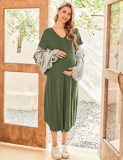 Ekouaer Womens Maternity Nightgown for Hospital Pregnancy Long Nightgowns Nursing Night Gown for Breastfeeding Army Green M