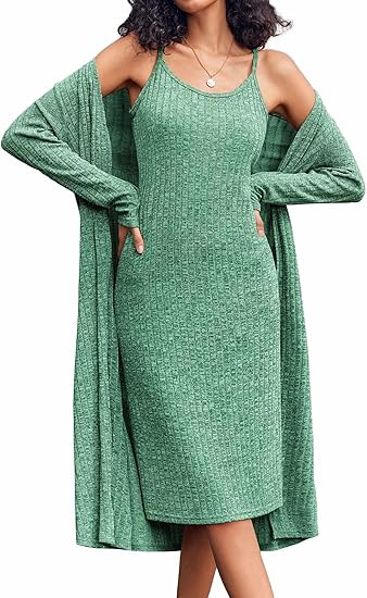 Ekouaer Womens Knit Robe Set 2 Piece Nightgown with Robes Long Sleeves Lounge Sets with Pockets