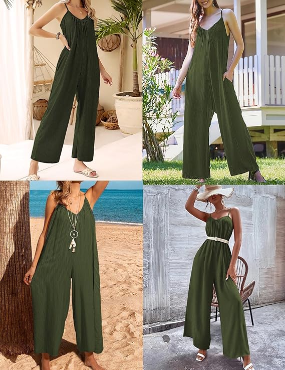 Ekouaer Sleeveless Womens Jumpsuits Ribbed Adjustable Spaghetti Strap Loose Long Pants Romper Jumpsuit