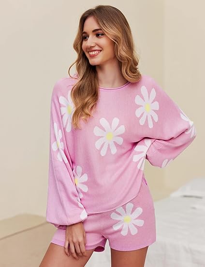 Ekouaer Knit Pajamas Set for Women Lounge Wear Sets Long Sleeve Sweatsuit Matching 2 Piece Outfits Casual Sweater Sets