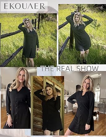 Ekouaer Nightgowns for Women Button Down Night Shirt Long Sleeve Ribbed Knit V-Neck Sleepwear Pajama Dress