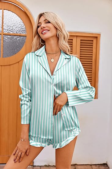 Ekouaer Womens Satin Pajama Sets Long Sleeve Top and Shorts Lounge Set Button Down Sleepwear