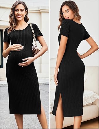 Ekouaer Maternity Dress Rib Knit Short Sleeve Bodycon Dresses Casual Stretchy Pregnancy Clothes