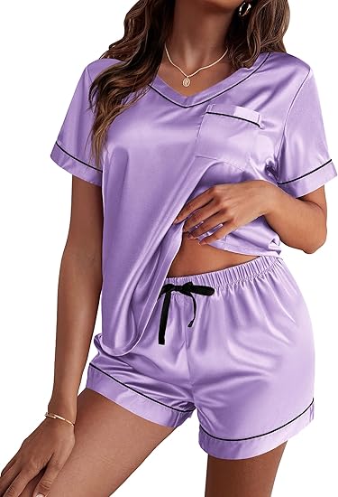 Ekouaer Silk Pajama for Women Short Sleeve Satin Pj Set Two Piece Soft Sleepwear Loungewear