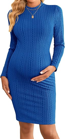 Ekouaer Maternity Dress Mock Turtleneck Pregnancy Dress Rib Knit Stretchy Bodycon Baby Shower Dress