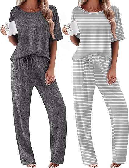 Ekouaer 2 Pack Womens Pajama Sets Short Sleeve Tops and Long Pants Casual Comfy Pjs Lounge Set with Pockets