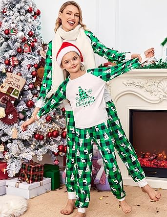 Ekouaer Christmas Pajamas for Family Long Sleeve Pjs Matching Sets with Plaid Pants Soft Sleepwear Loungewear
