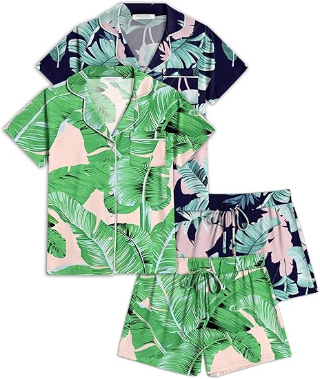 Ekouaer 2 Pack Womens Pajamas Set Button Down Summer Sleepwear Short Sleeve Comfy Pjs Loungewear Set